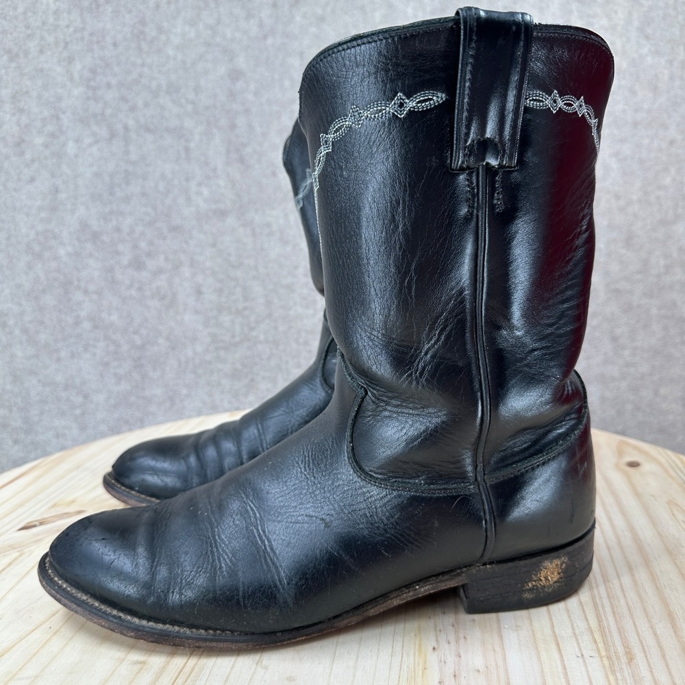 Justin Brock Roper 3233 Boots Mens 10 D Black Leather Pull On Cowboy